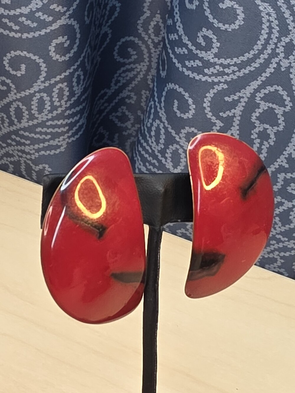 Vintage Edgar Berebi Red/Black Enamel Geometric Clip-On Earrings 80s/90s